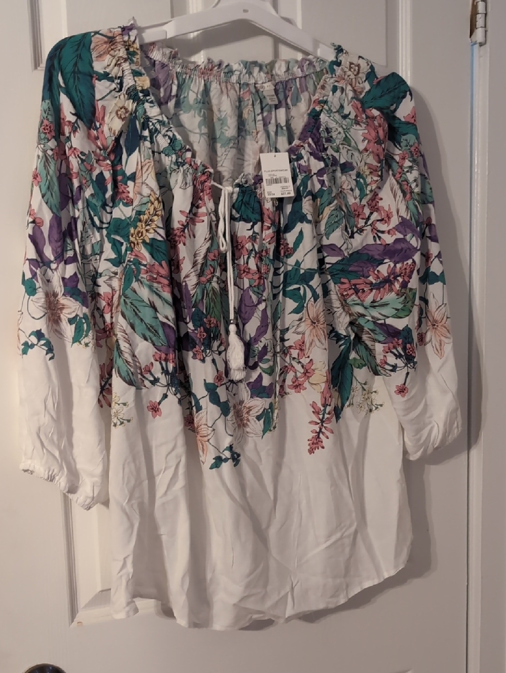 Cato White Peasant Tunic with Teal & Purple Floral Print
